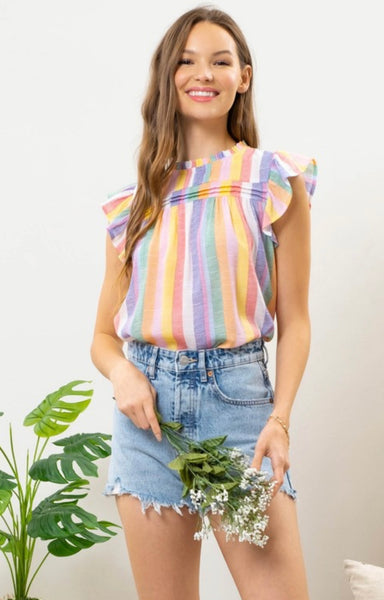 Multi Colored Striped Top with Ruffle Sleeve