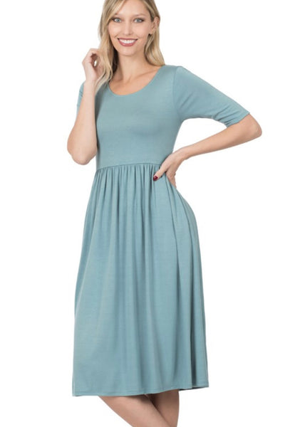 Blue Grey Short Sleeve Empire Waist Dress