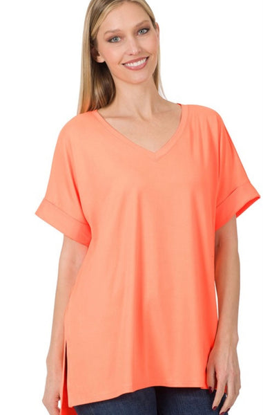 Neon Coral V-Neck High Low Top