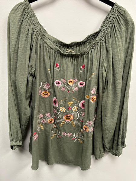 Olive 3/4 Sleeve Embroidered Top